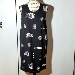 M.Mac Women'sBlack & White Midi Dress/ Beach Cover up Fish theme Sz. Medium